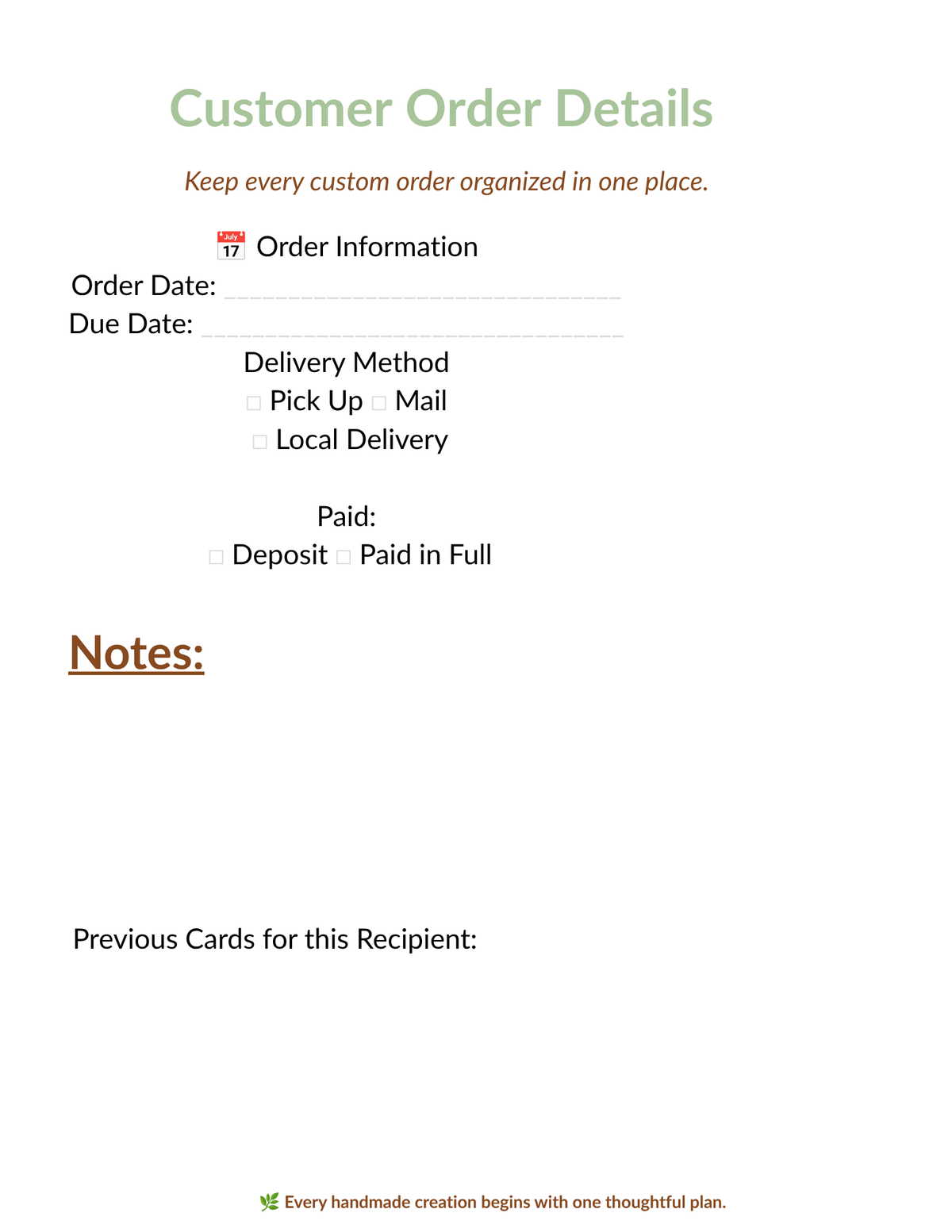 Customer Order Forms for Card Makers – Printable PDF for Handmade Businesses